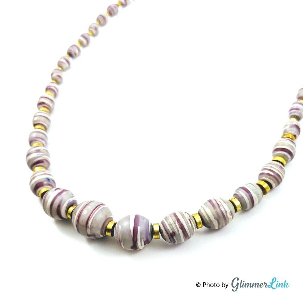 Vintage Purple and Gray Oval Striped Beaded Necklace